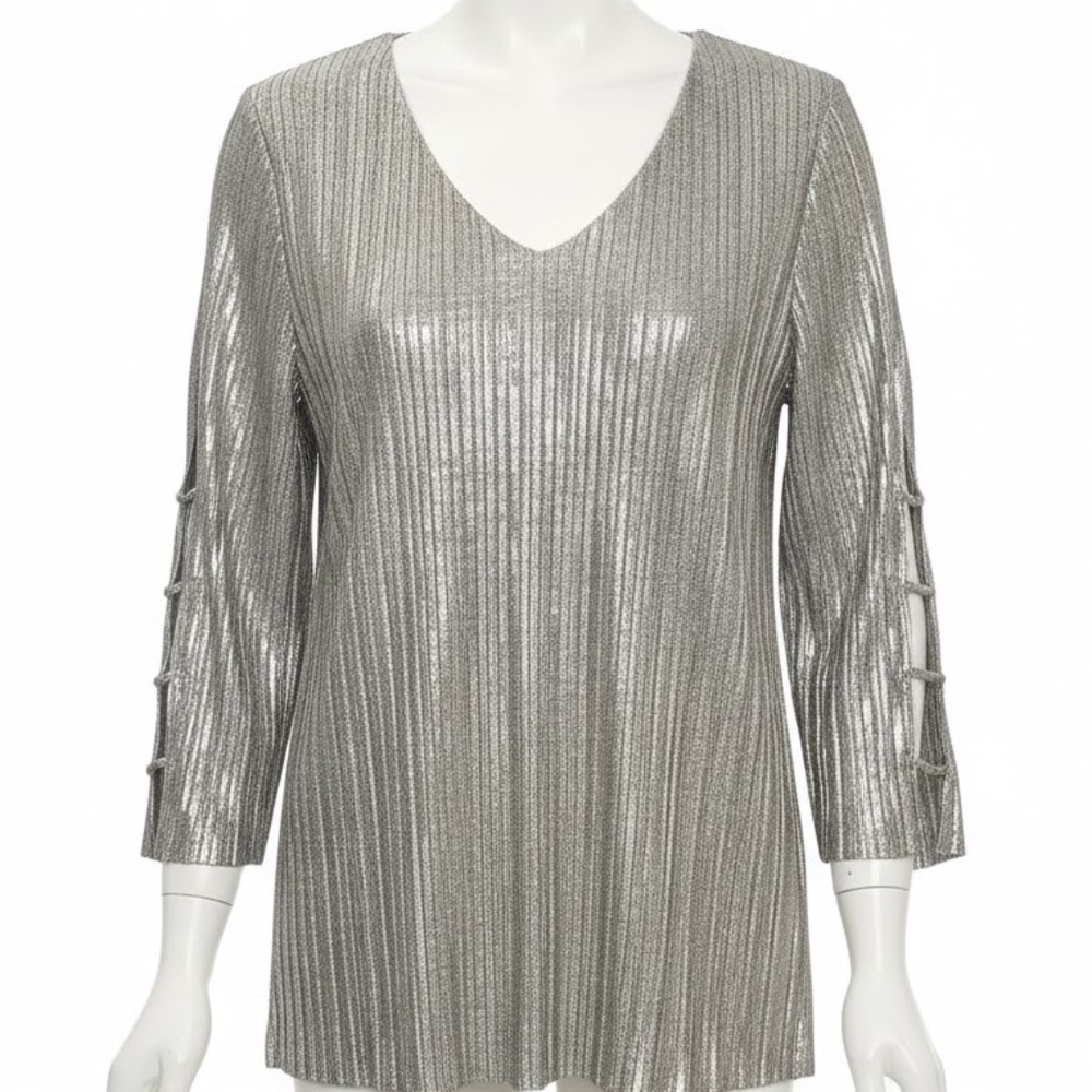 Silver Metallic Pleated V-Neck Long Sleeve Top